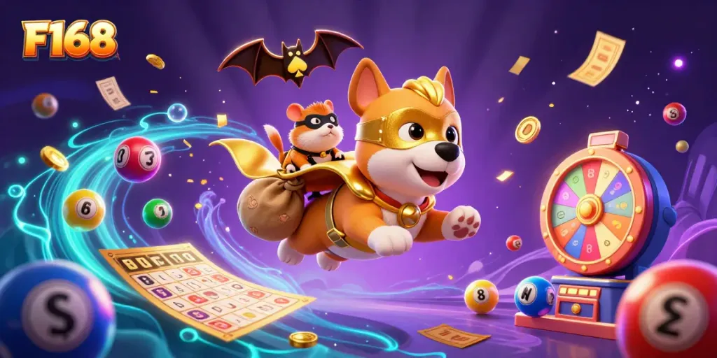 Experience F168 excitement with a superhero dog and hamster soaring through a vibrant casino scene.