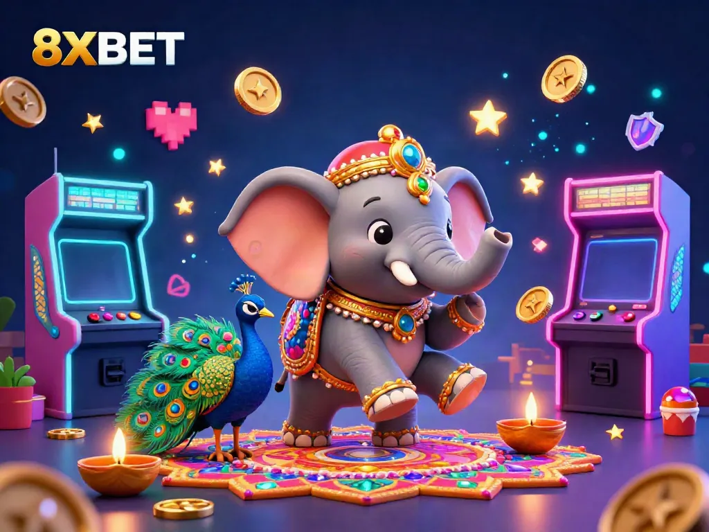 8XBET themed illustration showcasing a vibrant casino atmosphere with gaming elements and a colorful backdrop.