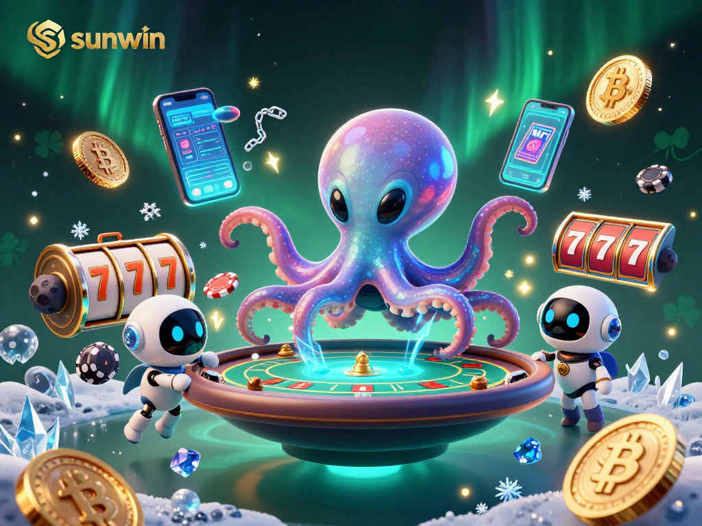 Engage in poker battles with sunwin's alien octopus dealer and tiny robot amidst vibrant casino elements.