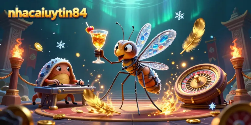 Exciting casino scene featuring nhacaiuytin84 mascot amidst golden coins and roulette.