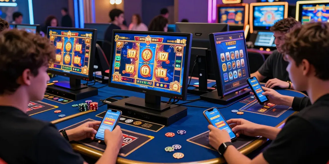 Engaging online gaming scene with players enjoying HWGSLOT slots, colorful screens and community interaction.