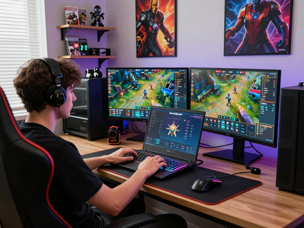 Engaging gameplay with RAJA328 APK on a modern gaming laptop setup, colorful lighting and multiple monitors.