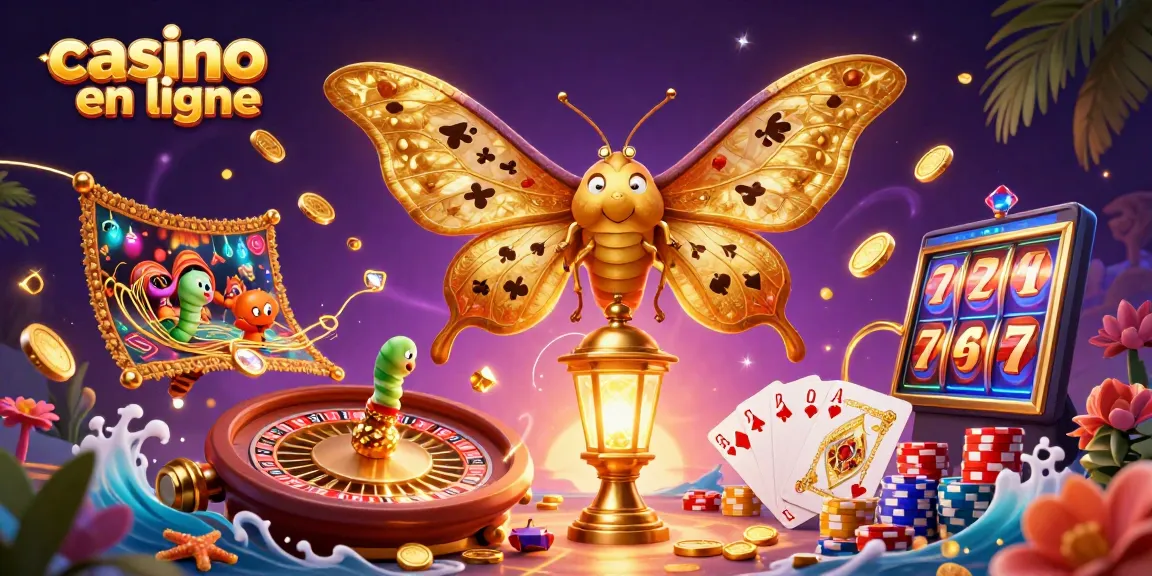 Jouez au casino en ligne avec des machines à sous, des cartes et des jetons scintillants dans une scène vibrante.
