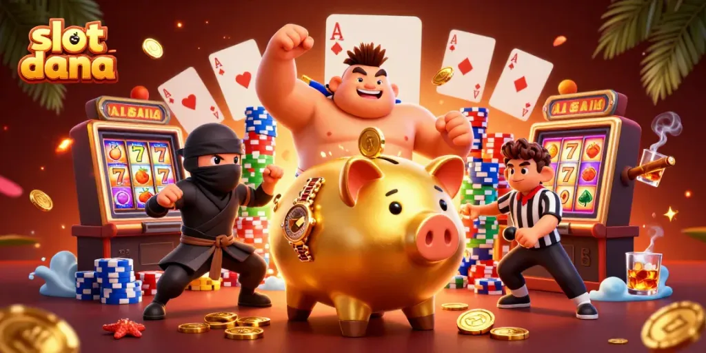 Ilustrasi slot dana yang penuh aksi dengan karakter kasino unik dan elemen permainan yang megah.