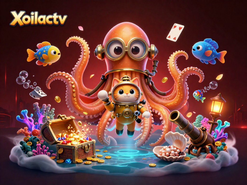 Xoilactv showcases an adventurous scene with a colossal kraken, a diving cat, and bioluminescent fish amidst treasure.