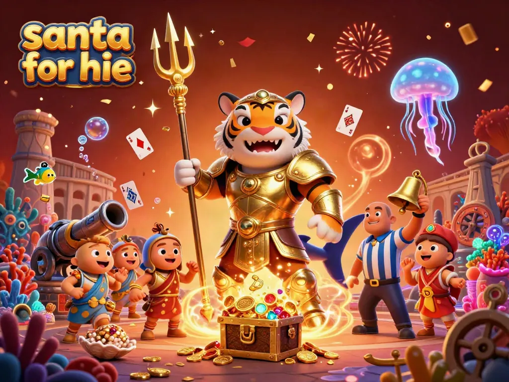 Book a Santa for hire at your events, featuring a vibrant, festive 3D scene with engaging characters and casino elements
