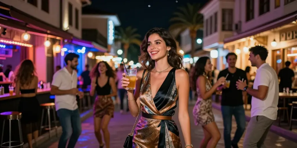 Stylish İzmir escort bayan enjoying night out in Karşıyaka's vibrant nightlife.