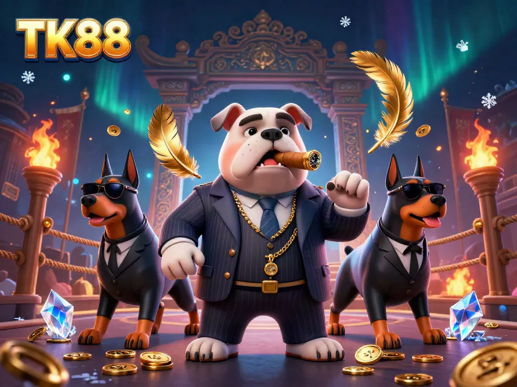 Experience the exciting TK88 casino environment featuring a cartoon mafia boss and bodyguard Dobermans in a vibrant 3D illustration.