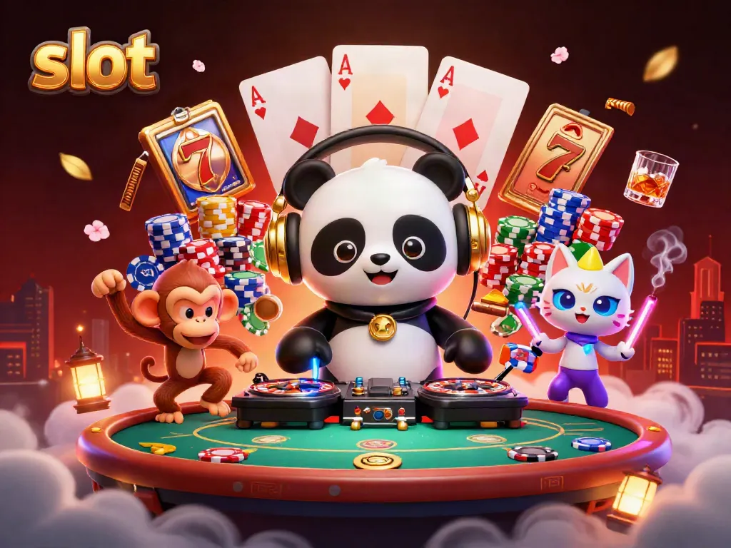 Experience the thrill of slot jackpots with DJ panda and friends in an exciting casino scene.