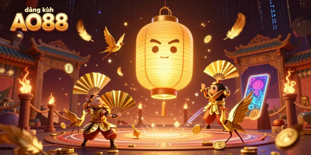 Experience the thrill of đăng ký AO88 with vibrant golden lantern spirits and warriors in a lively casino scene.