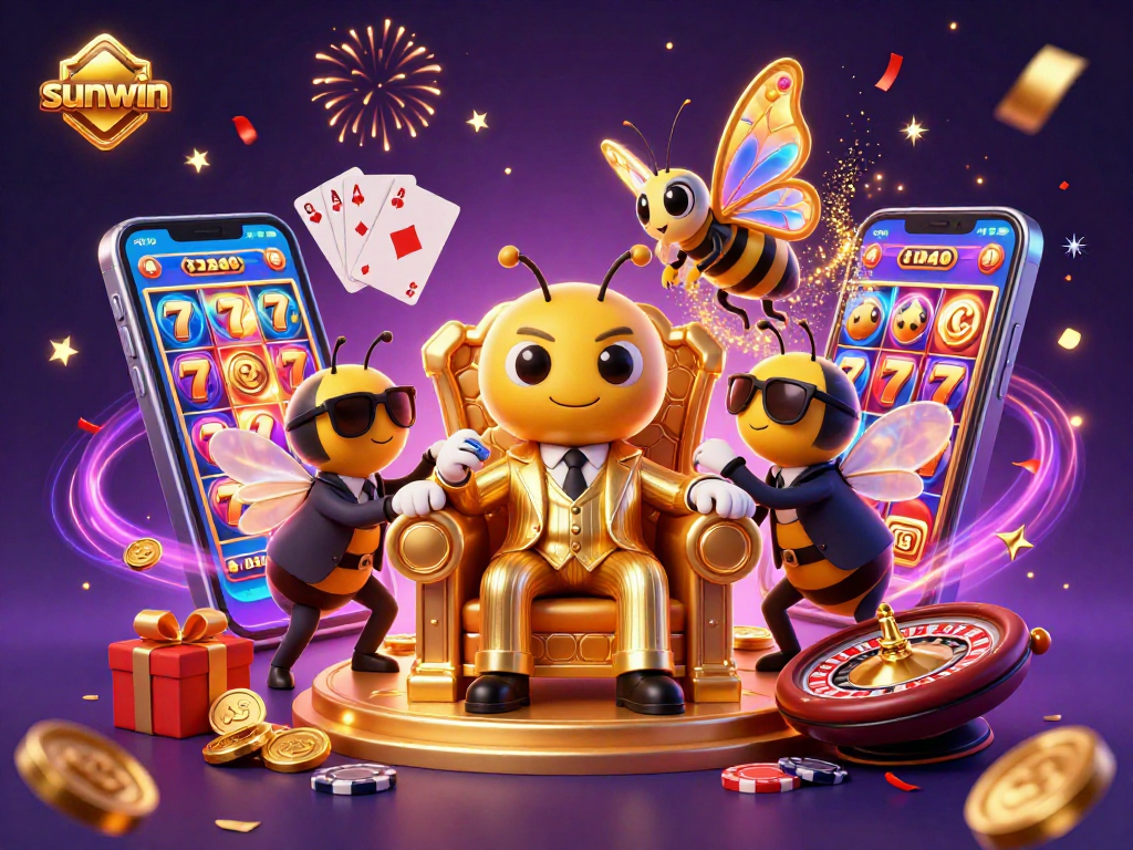 Win big with sunwin as a 3D cartoon bumblebee mob boss oversees thrilling slot games.