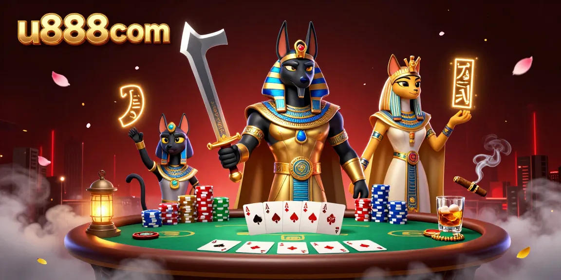 u888com gaming illustration featuring Anubis and Bastet amidst poker elements