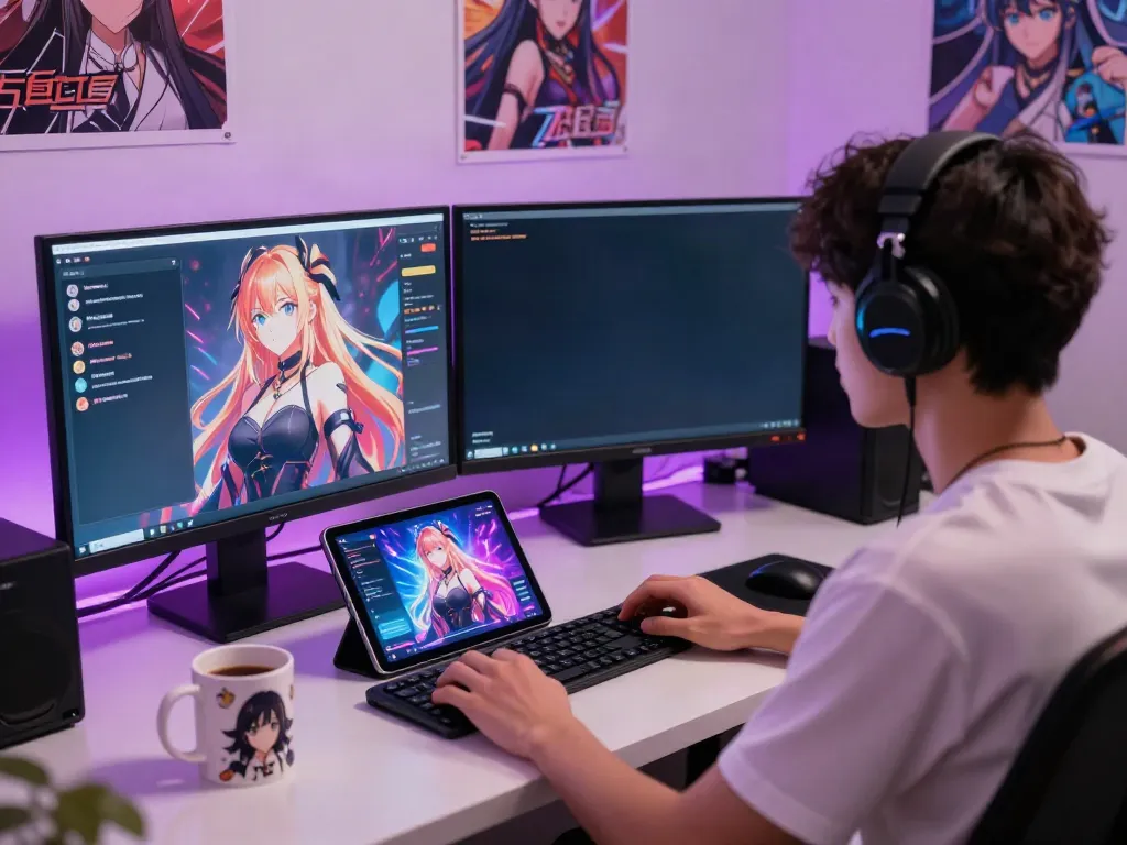 User enjoying an immersive hentai AI chat experience at a workstation with anime characters on the screen.