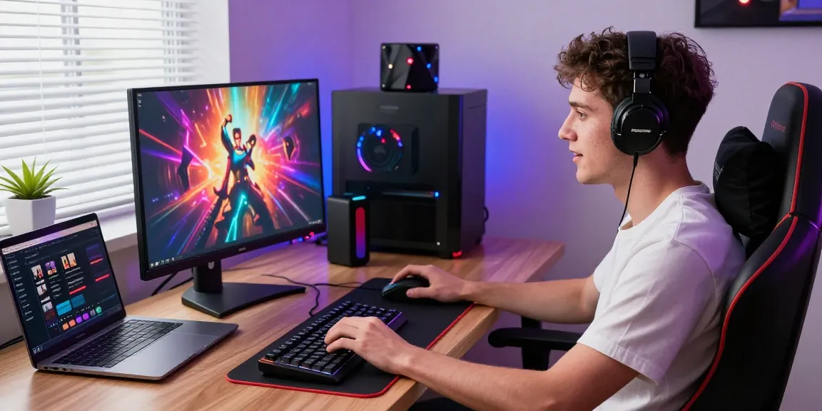 Exciting gaming session with ROKOK88 rtp wireless keyboard and headset in modern workspace.