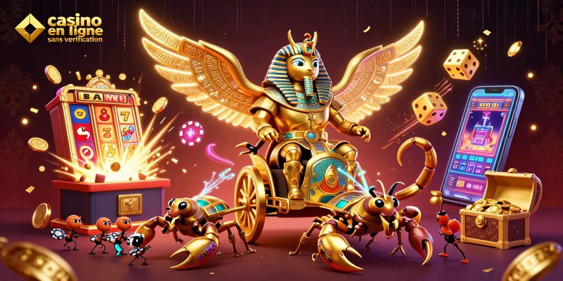 Jouez au casino en ligne sans vérification avec un scarabée doré en armure pharaonique entouré d'éléments de jackpot.