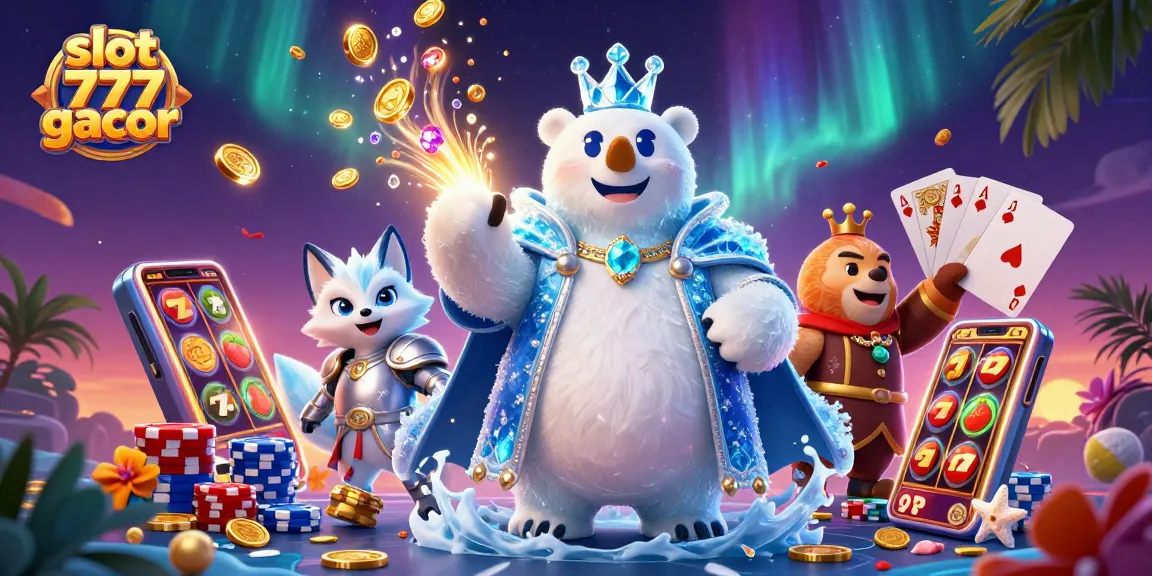 Join the adventure in slot 777 gacor with a 3D cartoon ice king and snow fox amidst sparkling gems and golden coins.