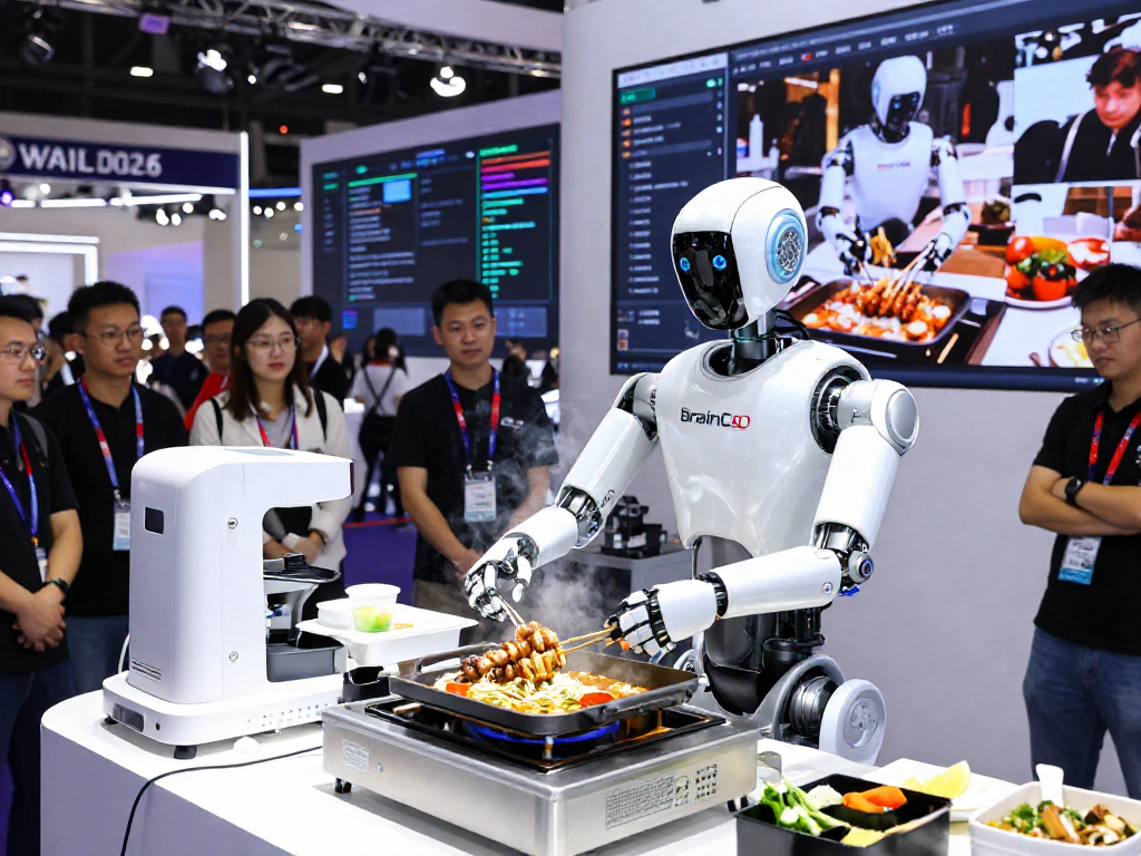 Robot 24 reveals Brain-to-Robot AI platform at WAIC 2026 with a humanoid robot cooking noodles.