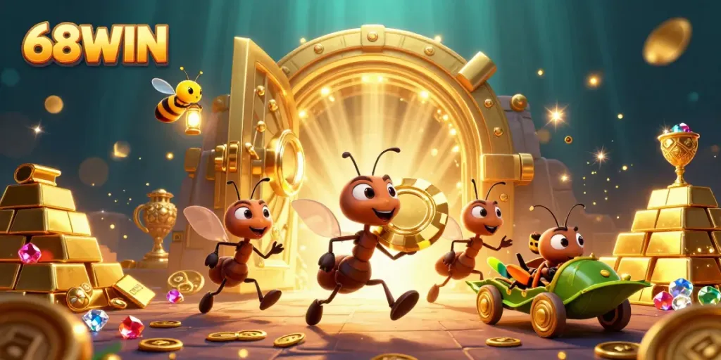 Join the thrilling heist at 68WIN as ants steal a massive poker chip amidst treasures.