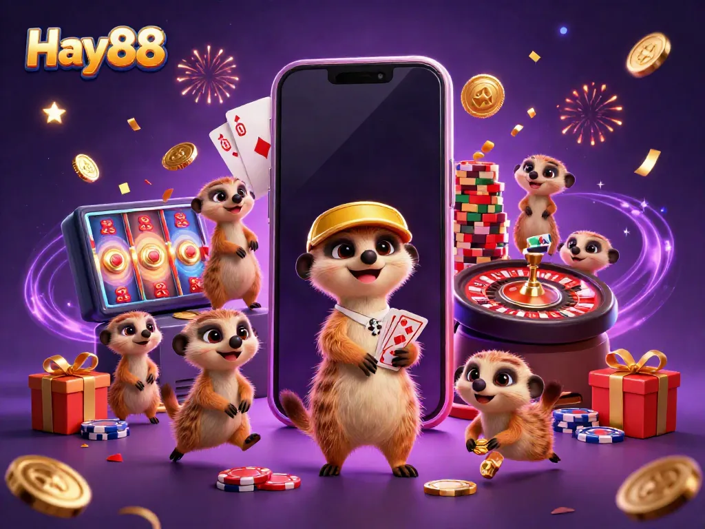 Experience the enchanting world of Hay88's casino with charming meerkat characters and vibrant gaming elements.