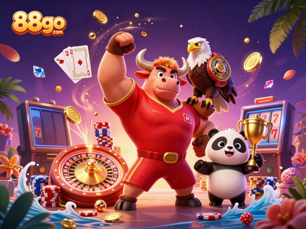 Experience the excitement of 88go com with a vibrant casino-themed 3D illustration showcasing dynamic characters, games, and winning elements.