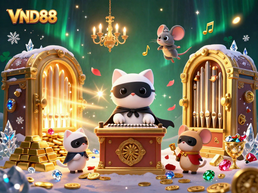 Experience VND88's thrilling casino atmosphere with a whimsical scene of a cat and acrobat amidst riches.