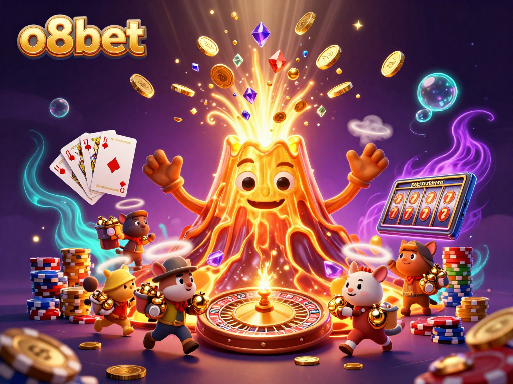 Winning at o8bet: a vibrant 3D casino scene filled with coins, cards, and excitement.