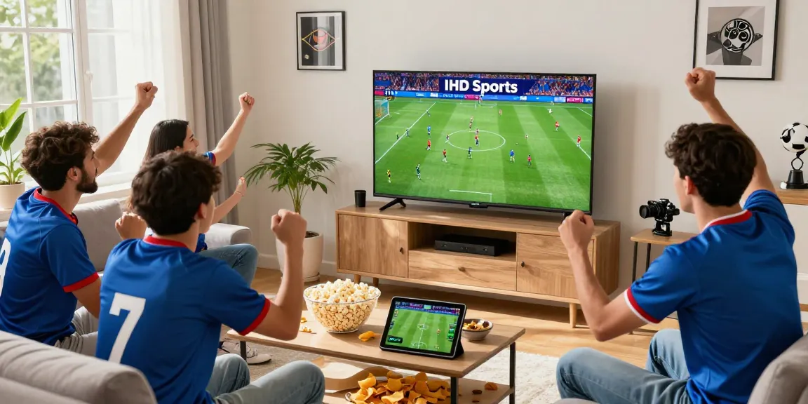 Exciting live football watch party featuring IHD Sports logo on TV, friends cheering with snacks.